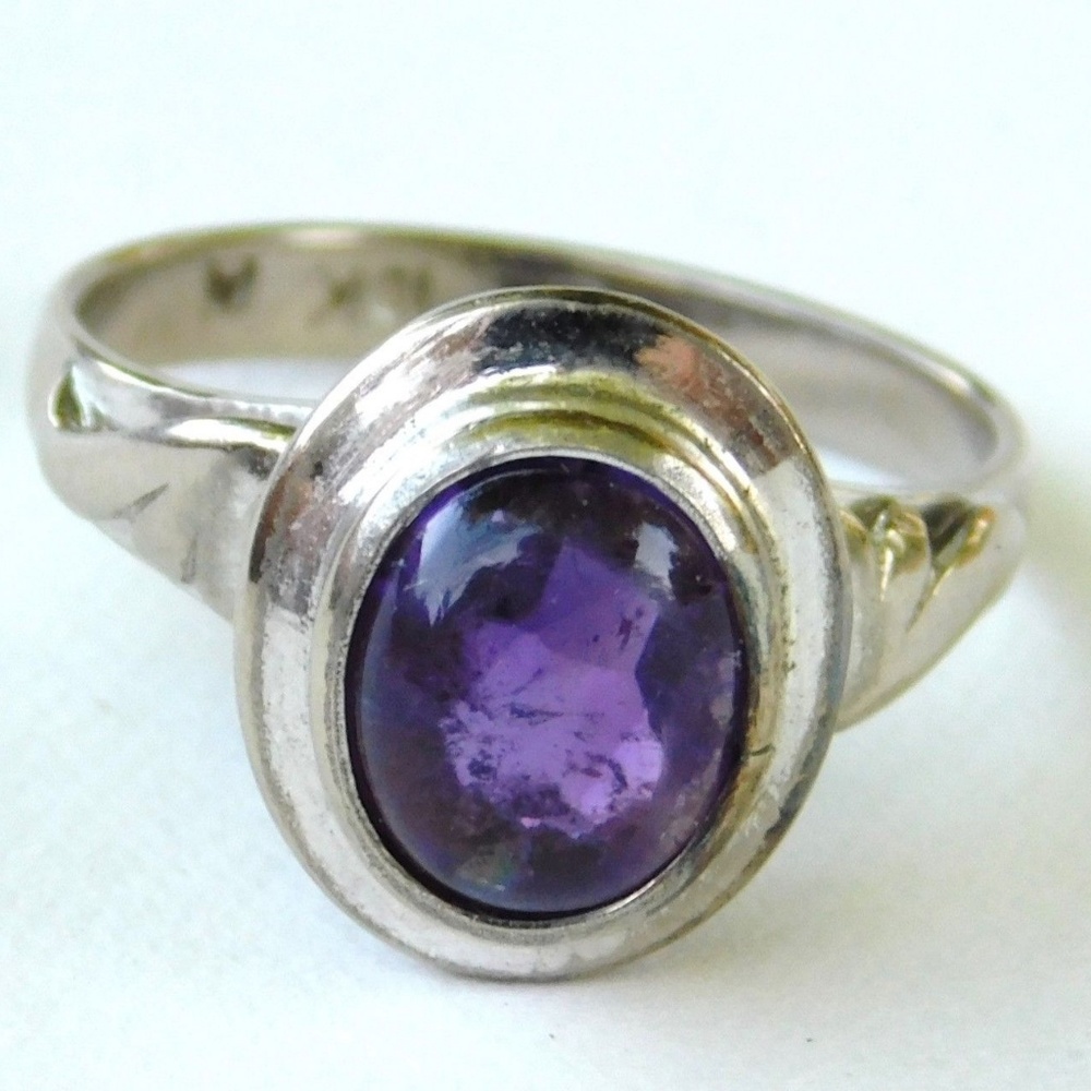 10K White Gold Amethyst Ring~Antique Art Deco Oval